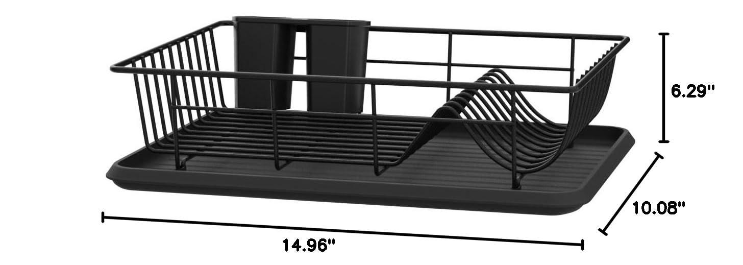 iSPECLE Dish Drying Rack with Drainboard - Dish Racks for Kitchen Counter, Rust-Resistant Compact Dish Drainer with Utensil Holder, Drain Spout and High Feet on Drip Tray, Black