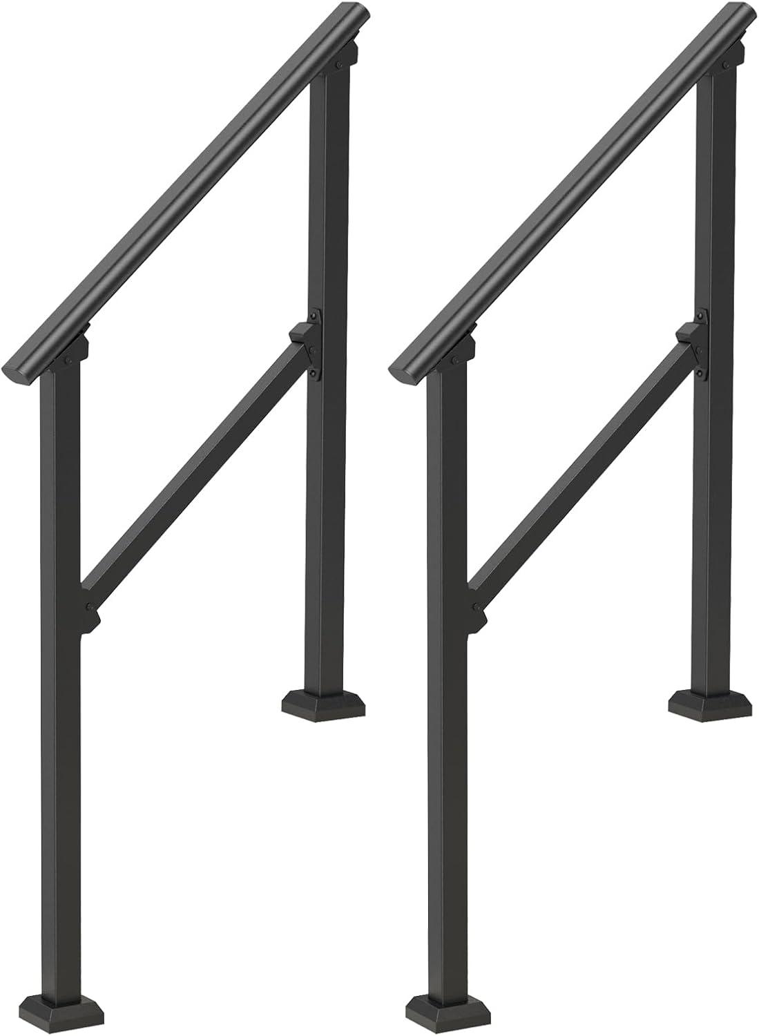 VEVOR Handrails for Outdoor Steps, 2 PCS 2-3 Step Stair Hand Rail Kit, Transitional Carbon Steel Railings with Installation Kit, Stair Rails for Seniors, Concrete & Porch & Deck, Black Square Tube
