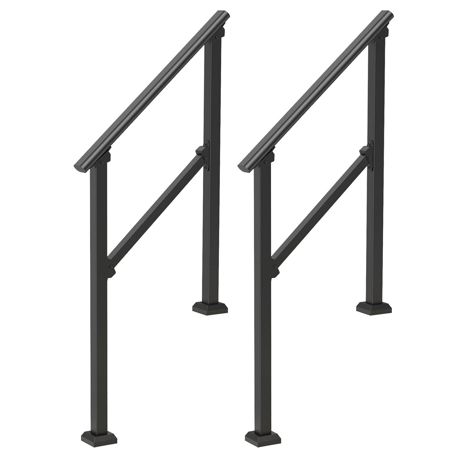 VEVOR Handrails for Outdoor Steps, 2 PCS 2-3 Step Stair Hand Rail Kit, Transitional Carbon Steel Railings with Installation Kit, Stair Rails for Seniors, Concrete & Porch & Deck, Black Square Tube