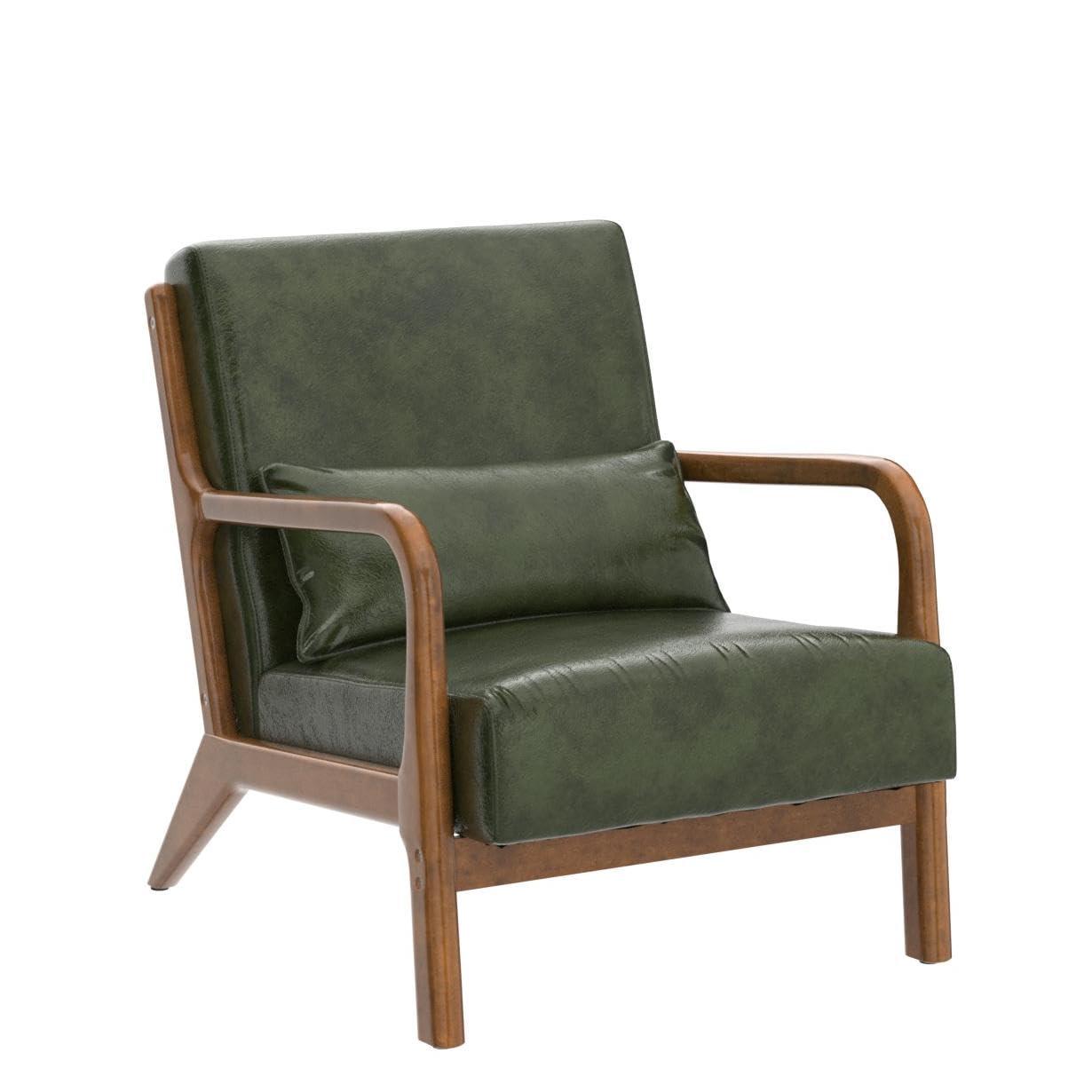 Glitzhome 2 Set Mid Century Hunter Green Accent Armchair, Single Reading Armchair PU Leather Lounge Chair with Walnut Ruberwood Frame