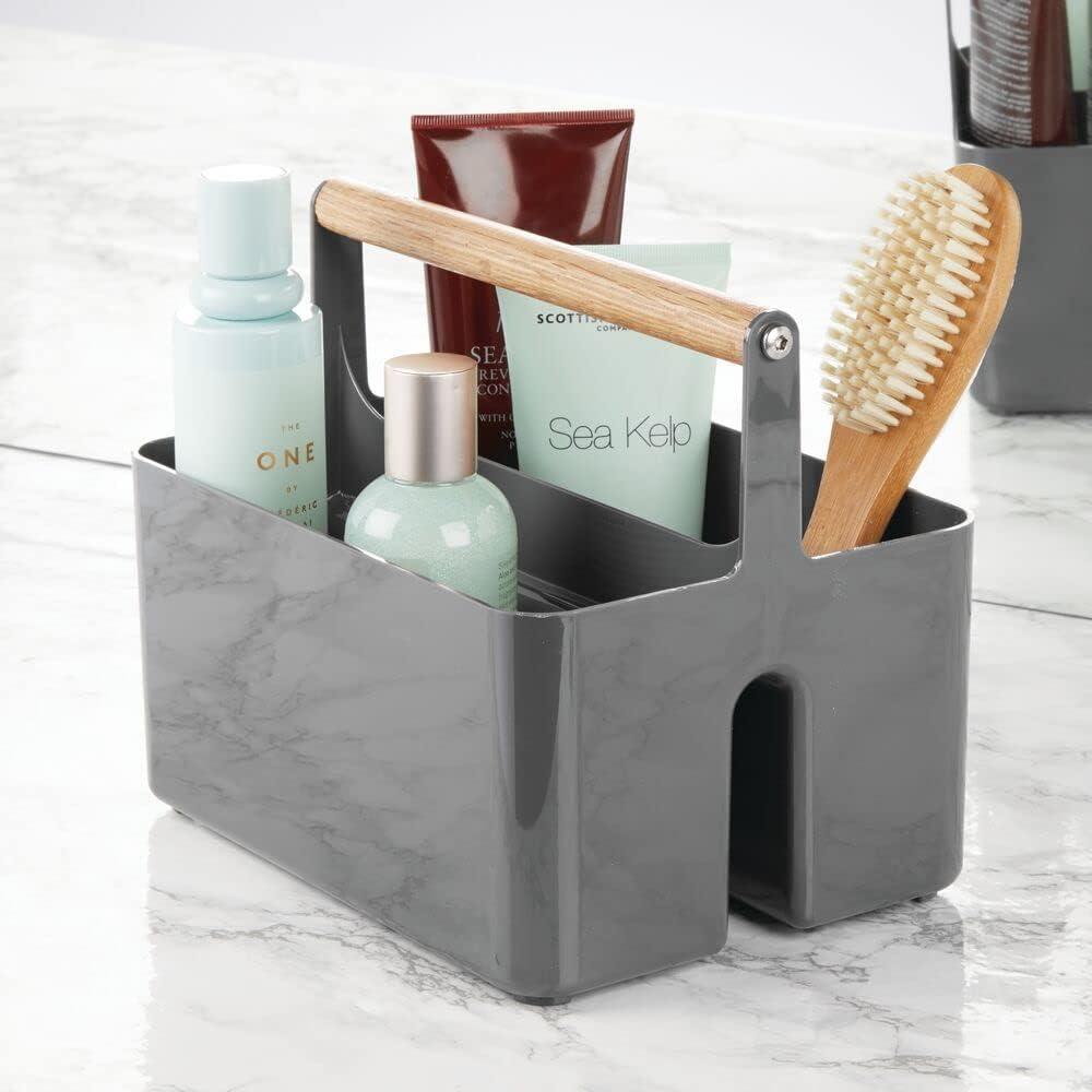 mDesign Plastic Portable Shower Caddy Divided Basket Bin Storage Organizer with Bamboo Handle for Bathroom, Dorm, Shelf & Cabinet Holds Shampoo, Conditioner - Aura Collection, Charcoal Gray/Natural