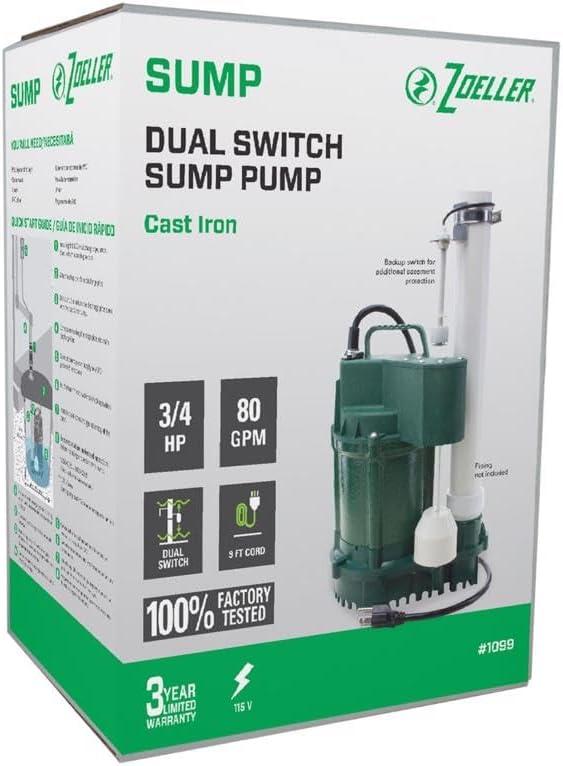 Zoeller 4012572 0.75 HP 80 gph Cast Iron Vertical Float Switch AC Submersible Sump Pump