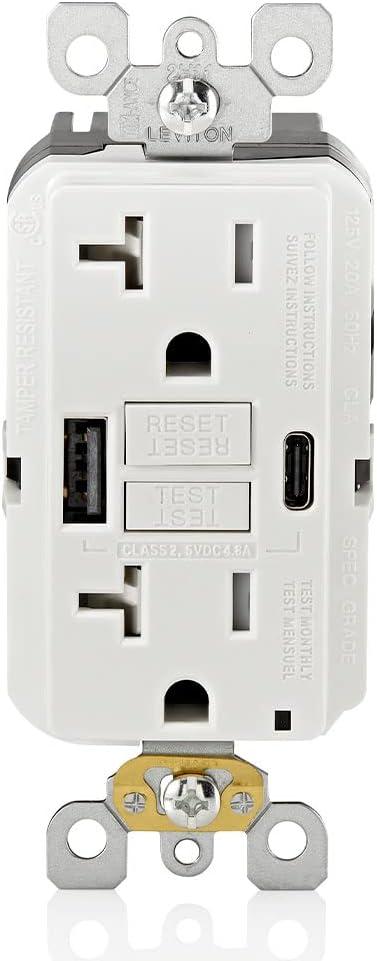 Leviton 20A SmartlockPro Self-Test GFCI Combination with Type A & Type-C USB in-Wall, USB Charger for Smartphones and Tablets, GUAC2-W, White