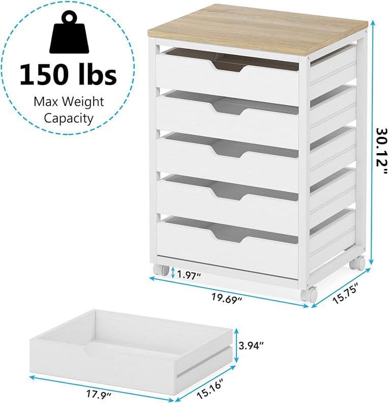 Tribesigns 5 Drawer Chest, Wood Storage Dresser Cabinet with Wheels, Industrial Storage Drawer Organizer Cart for Office Bedroom Entryway, White