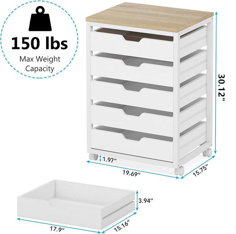 Tribesigns 5 Drawer Chest, Wood Storage Dresser Cabinet with Wheels, Industrial Storage Drawer Organizer Cart for Office Bedroom Entryway, White