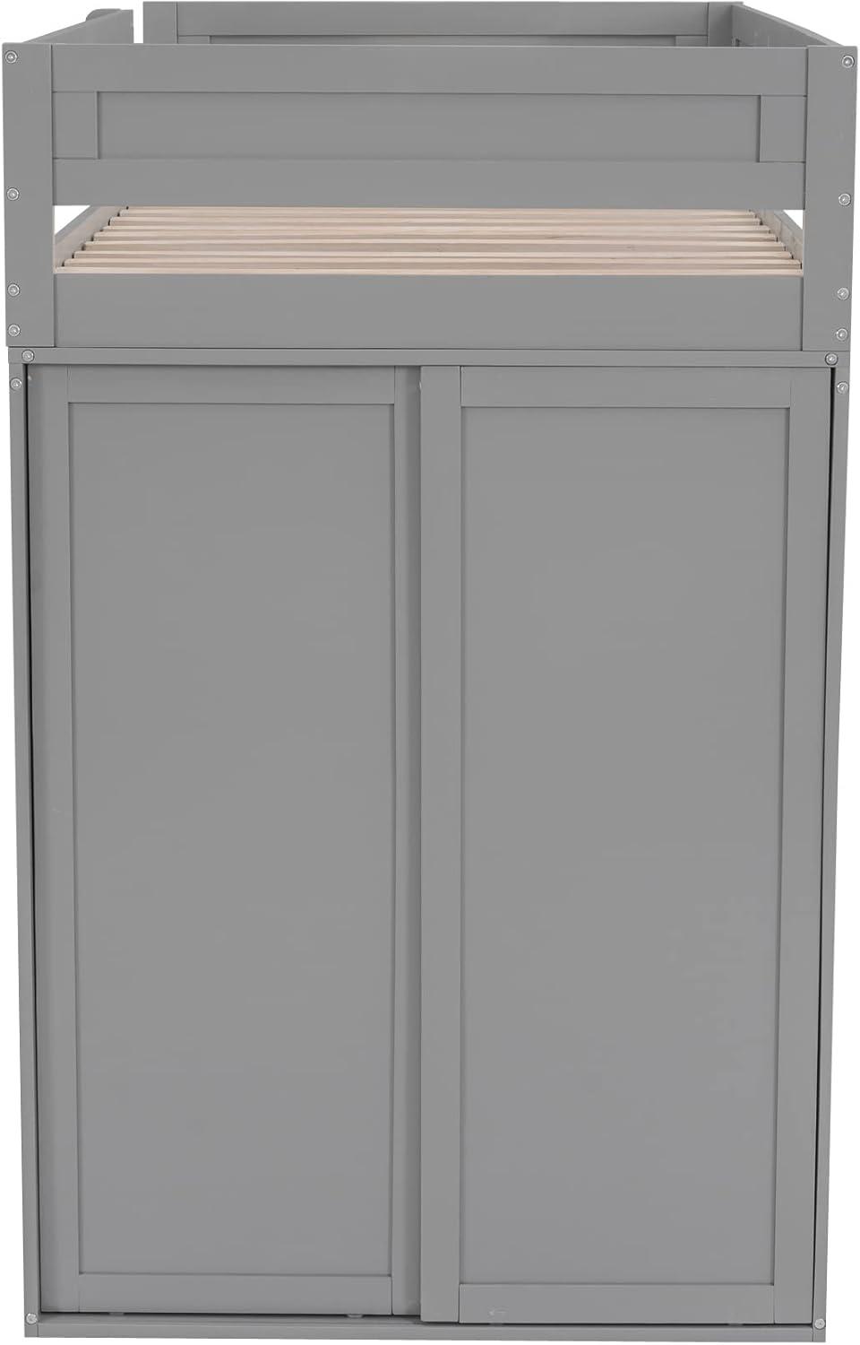 Harper & Bright Designs Twin Size Loft Bed with Wardrobes and Desk, Solid Wood Loft Bed Frame with 2 Storage Drawers Cabinet, for Kids Teens Adults (Gray)