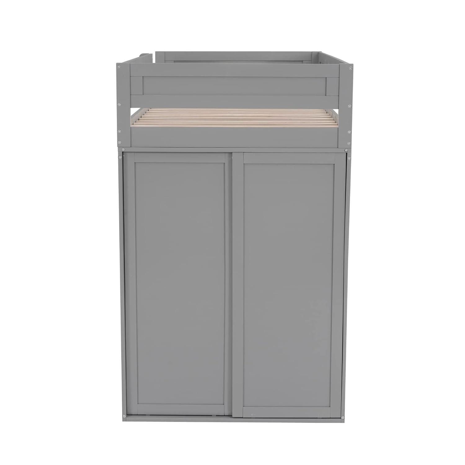 Harper & Bright Designs Twin Size Loft Bed with Wardrobes and Desk, Solid Wood Loft Bed Frame with 2 Storage Drawers Cabinet, for Kids Teens Adults (Gray)