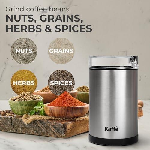 Kaffe One-Touch Coffee Grinder Electric w/Cleaning Brush (3 oz) - Stainless Steel - Coffee Grinders for Home Use - Up to 12 Cups of Coffee per Grind - Easy On/Off Coffee Bean Grinder - Silver