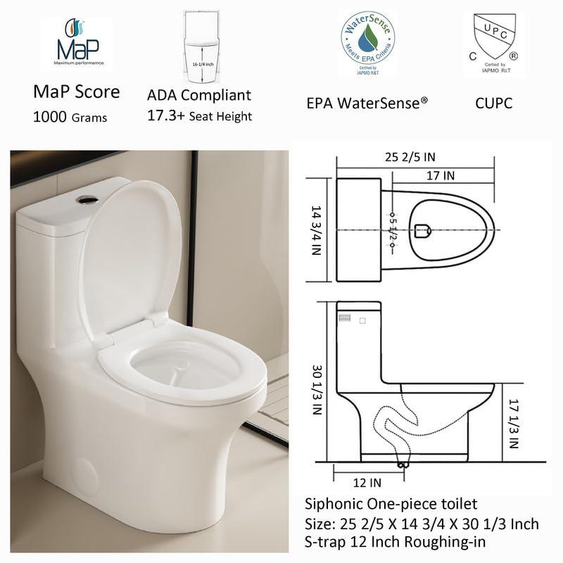 Albriya A1854 One Piece Toilet, Modern Elongated Toilet Power Dual Flush 1.1/1.6 GPF with Comfortable Chair Seat ADA Height 16 1/4’’ for Bathroom, 12’’ Rough-In, MaP 1000g, Grey