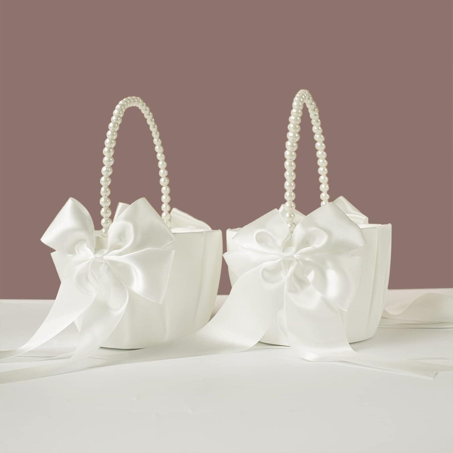 2 PCS Flower Girl Baskets Set- Cute Cherish Wedding Flower Baskets (Ivory)