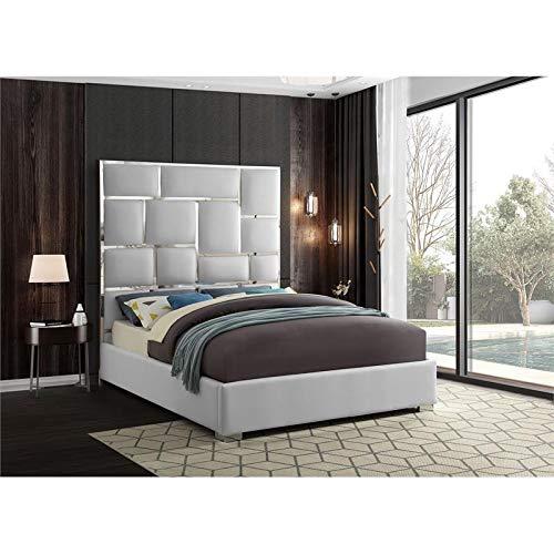 Milan 70'' White Faux Leather Queen Bed with Chrome Accents