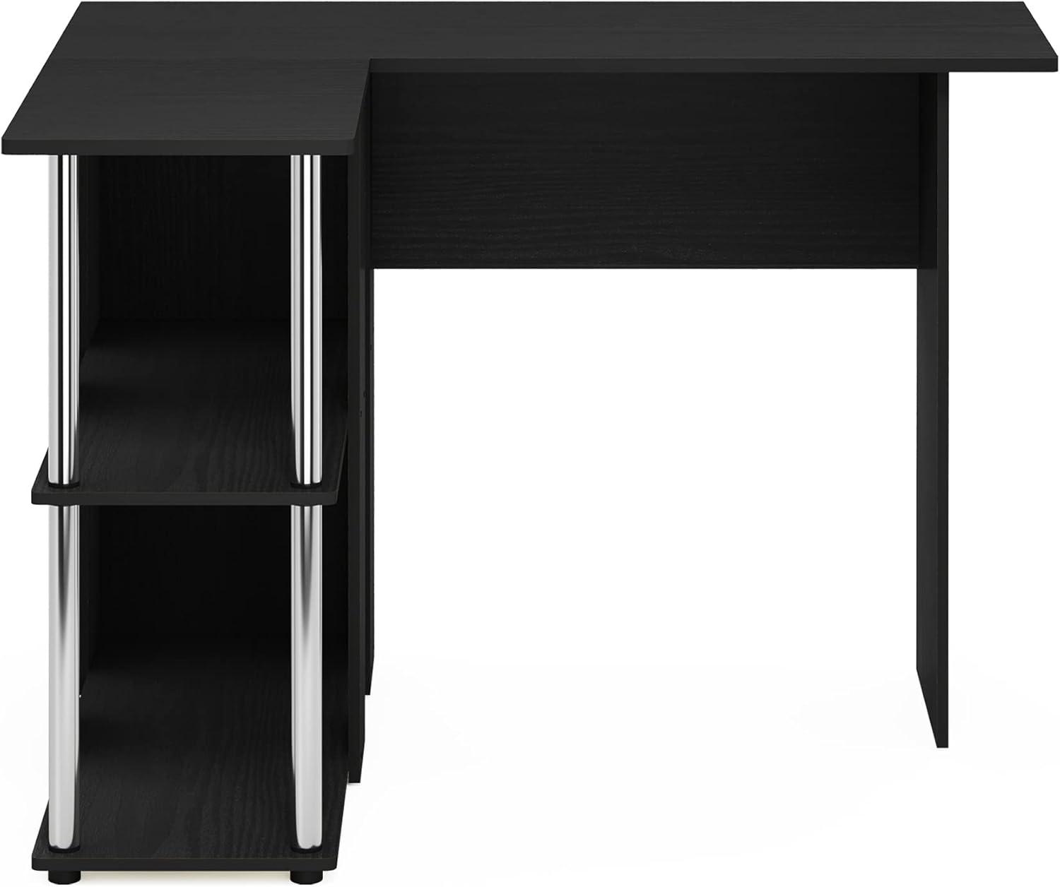 Furinno Abbott L-Shape Desk with Bookshelf, Americano, Stainless Steel Tubes