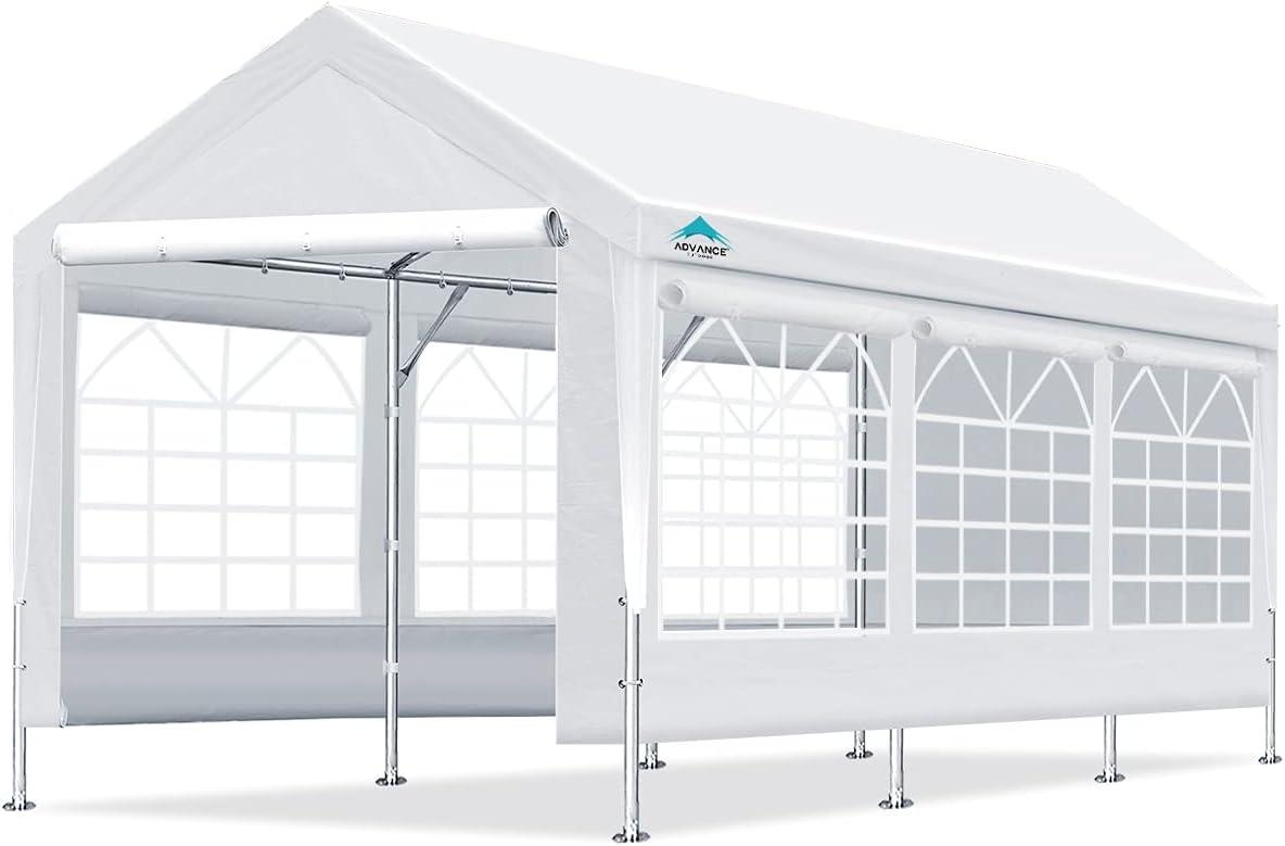 ADVANCE OUTDOOR 10'x20' Heavy Duty Steel Carport Car Canopy, Adjustable Height from 9.5ft to 11ft with Removable Window Sidewalls and Doors, White