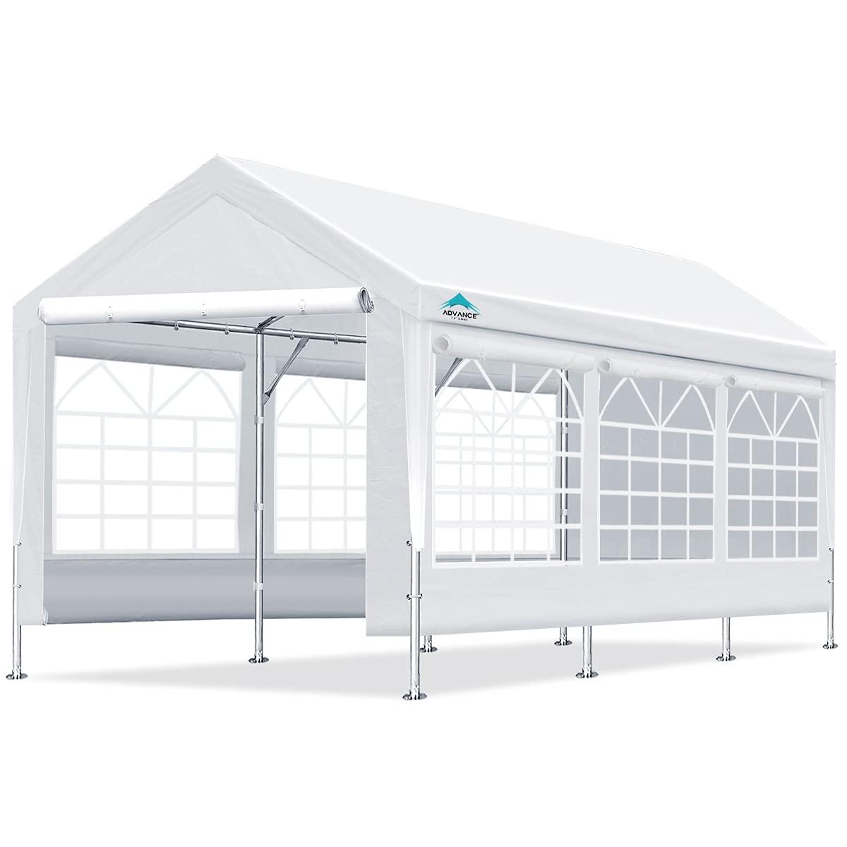 ADVANCE OUTDOOR 10'x20' Heavy Duty Steel Carport Car Canopy, Adjustable Height from 9.5ft to 11ft with Removable Window Sidewalls and Doors, White