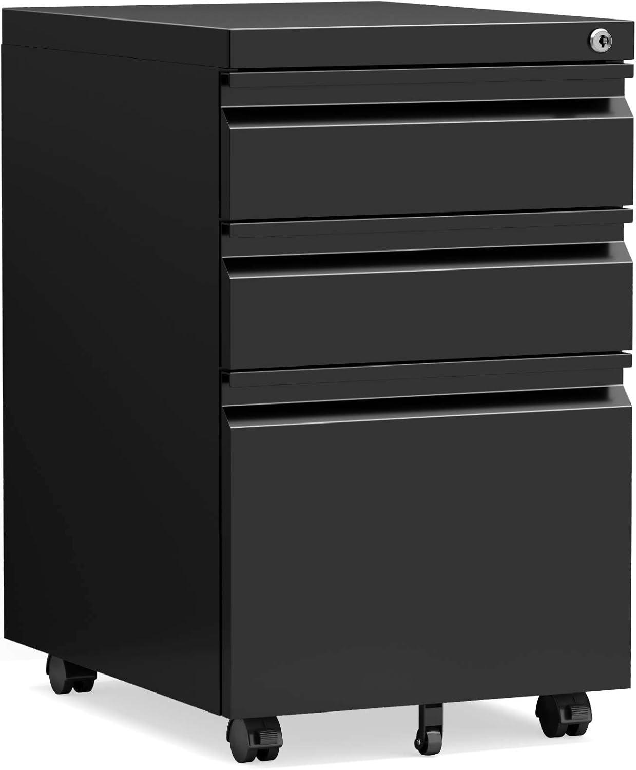 3 Drawer Mobile File Cabinet, Metal Filing Cabinets with Lock Wheels Under Desk, Lockable Rolling File Cabinet for Home Office, Fit Letter/Legal/A4 Size (Black)