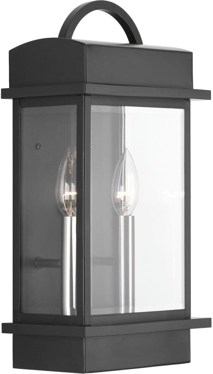 Progress Lighting Santee 2-Light Outdoor Wall Lantern in Black Steel with Beveled Glass Shade