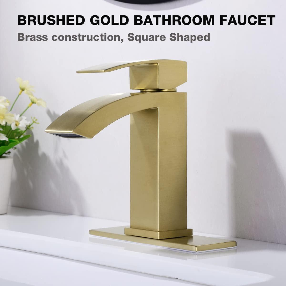 Brushed Gold Brass Single Handle Bathroom Faucet with Deck Plate