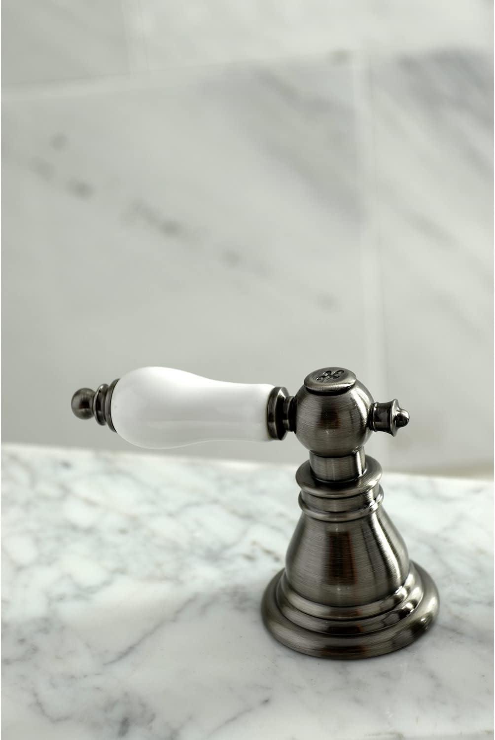 Kingston Brass American Patriot Two-Handle 3-Hole Deck Mount Widespread Bathroom Faucet with Brass Pop-Up Drain