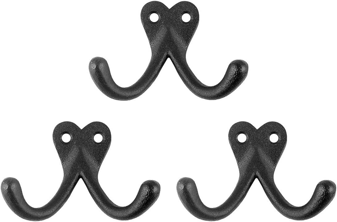 Black Wrought Iron Double Wall Hook Set of 3