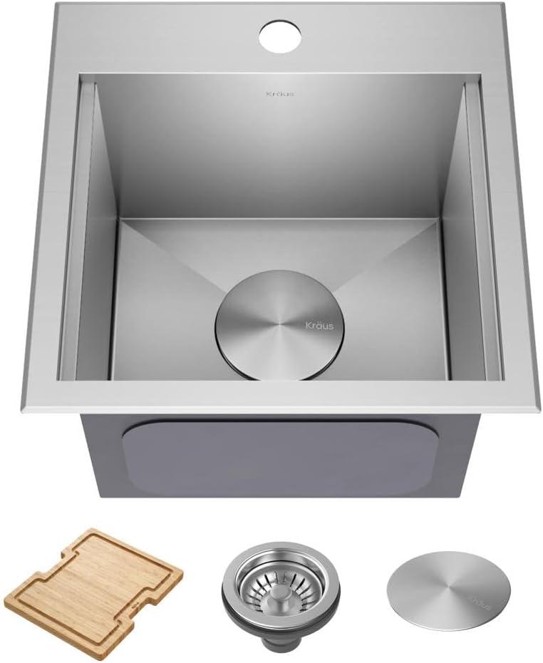 KRAUS Kore™ 15" L Drop-In Top Mount Workstation 16 Gauge Stainless Steel Square Single Bowl Kitchen Bar Sink