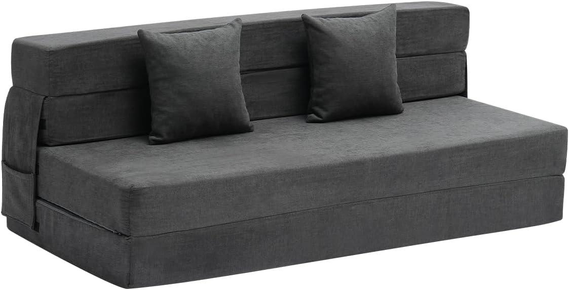 VEVOR Folding Sofa Bed, 3-in-1 Foldable Couch Bed with 2 Pillows and Washable Cover, 25D High Density Memory Foam Sleeper Chair Bed, Dark Grey(Queen)