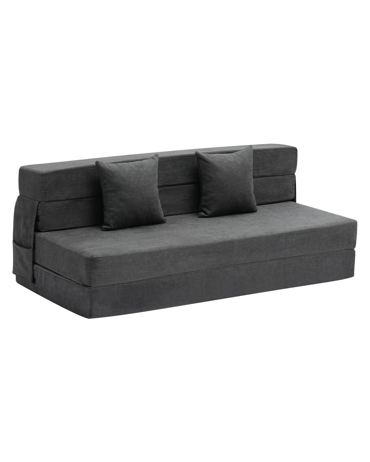 VEVOR Folding Sofa Bed, 3-in-1 Foldable Couch Bed with 2 Pillows and Washable Cover, 25D High Density Memory Foam Sleeper Chair Bed, Dark Grey(Queen)
