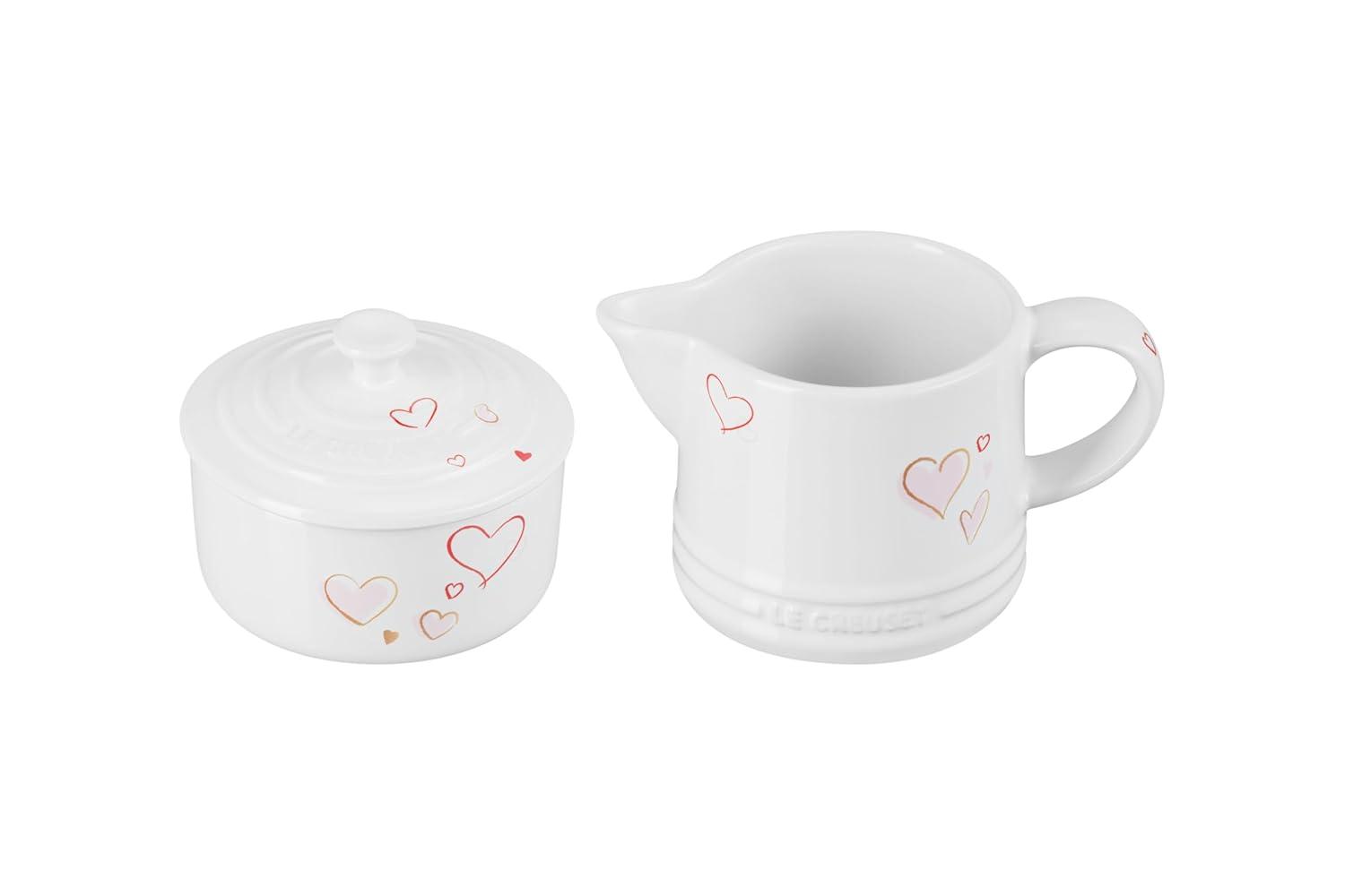 White Stoneware Cream and Sugar Set with Heart Appliqué