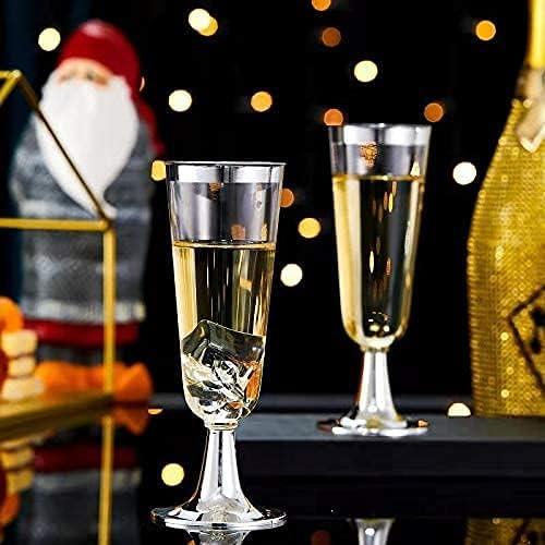 N9R 24pcs Plastic Champagne Flutes with Silver Rim, Clear Disposable Champagne Glasses 5 Oz, Perfect for Wedding and Party Toasting