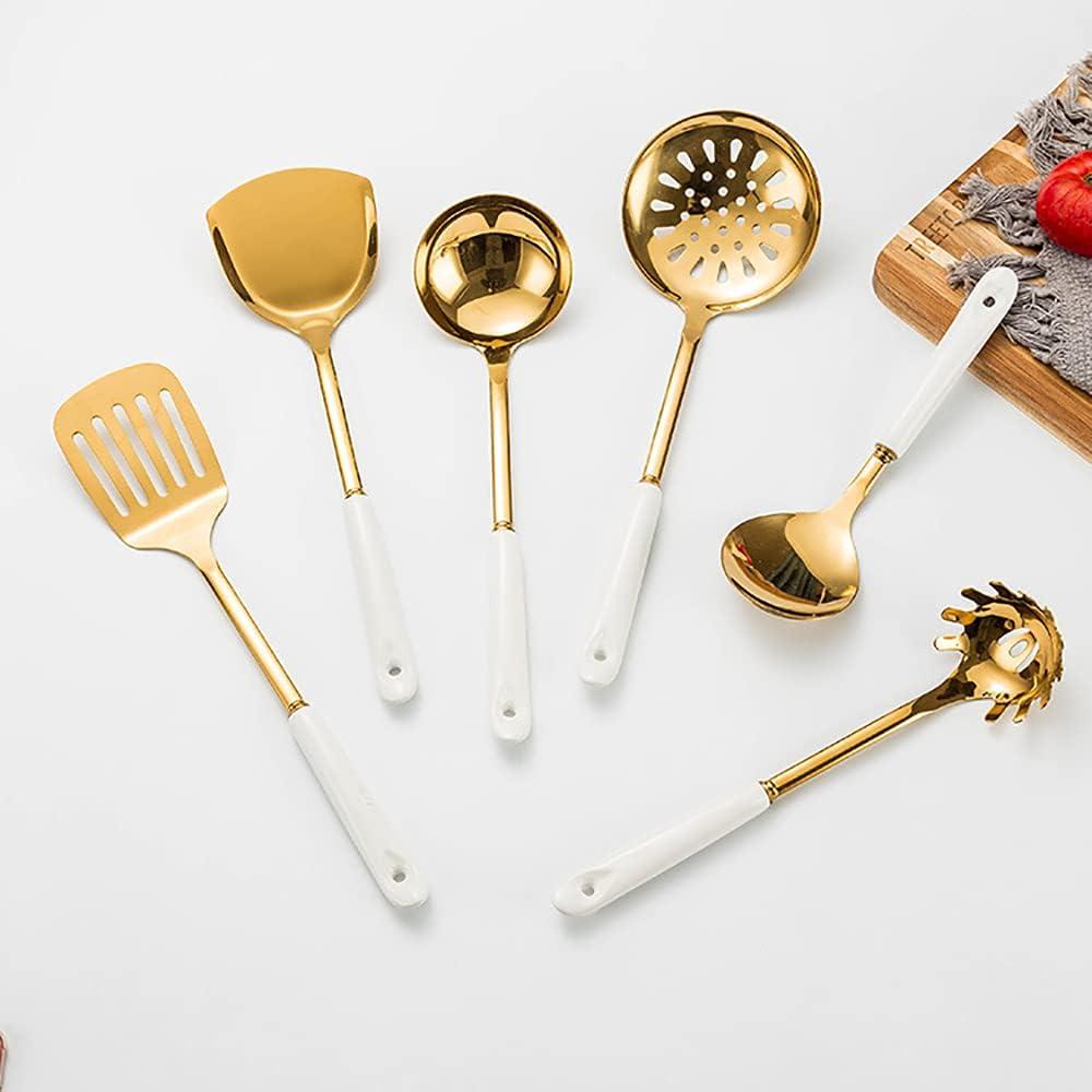 Lxmons Gold Stainless Steel Kitchen Utensil Set Cooking 7 Pcs Set with Hold,Include Spatulas,Soup spoons,Colander