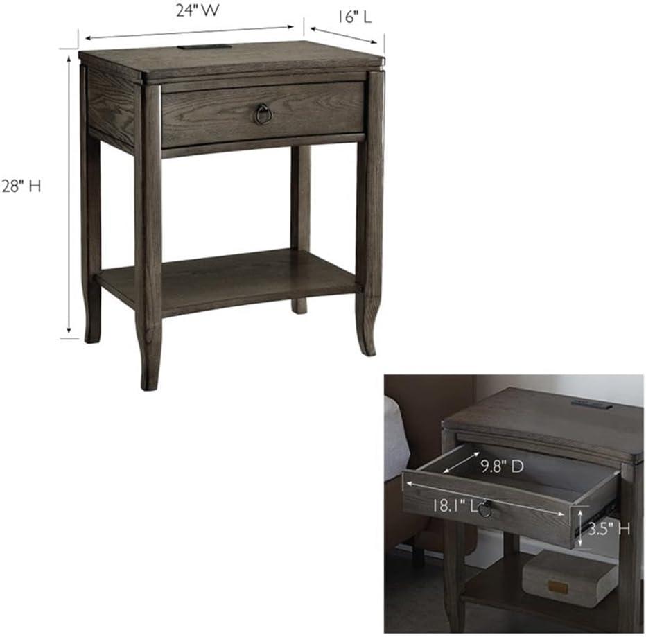 Leick Home 9077-GR Annette Oak Drawer Nightstand Side Table with Top AC/USB Outlet and Shelf, Smoke Gray