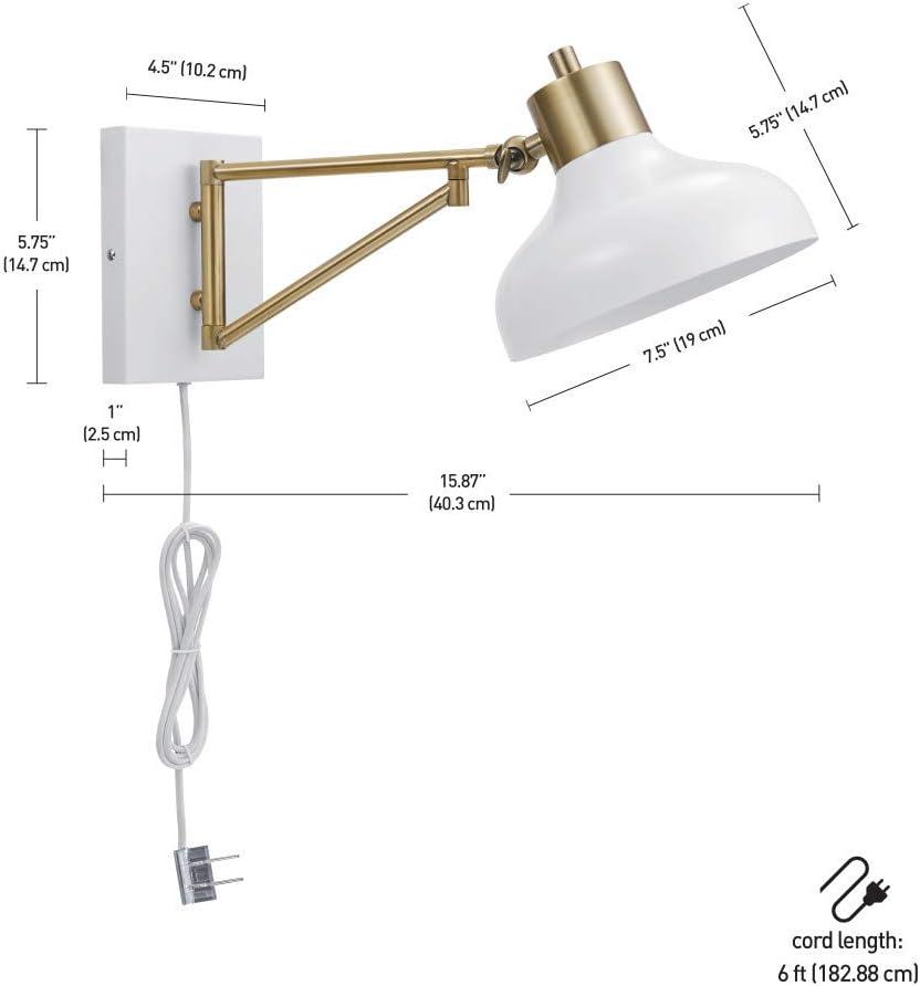 Globe Electric Berkeley 1-Light White and Brass Plug-in or Hardwire Swing Arm Indoor Wall Sconce
