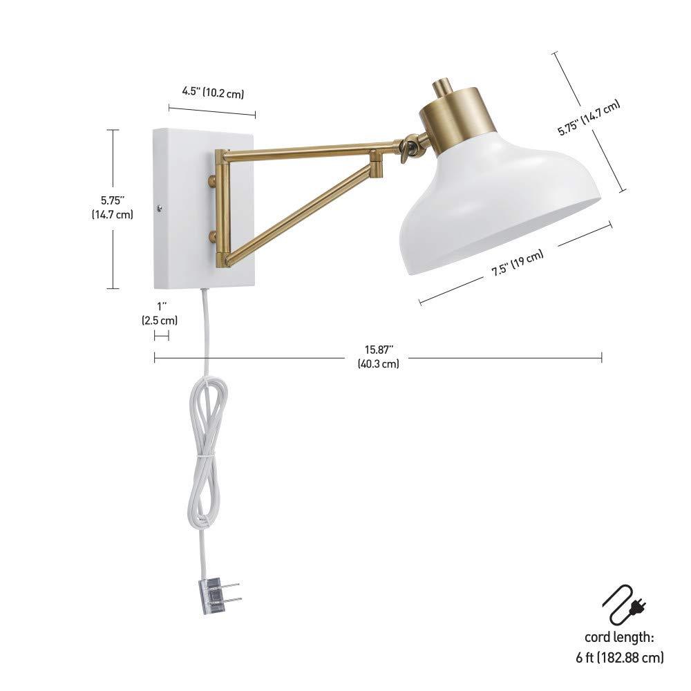Globe Electric Berkeley 1-Light White and Brass Plug-in or Hardwire Swing Arm Indoor Wall Sconce