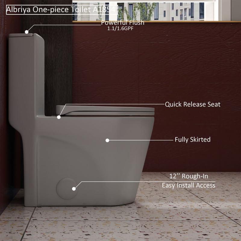 Albriya A1854 One Piece Toilet, Modern Elongated Toilet Power Dual Flush 1.1/1.6 GPF with Comfortable Chair Seat ADA Height 16 1/4’’ for Bathroom, 12’’ Rough-In, MaP 1000g, Grey