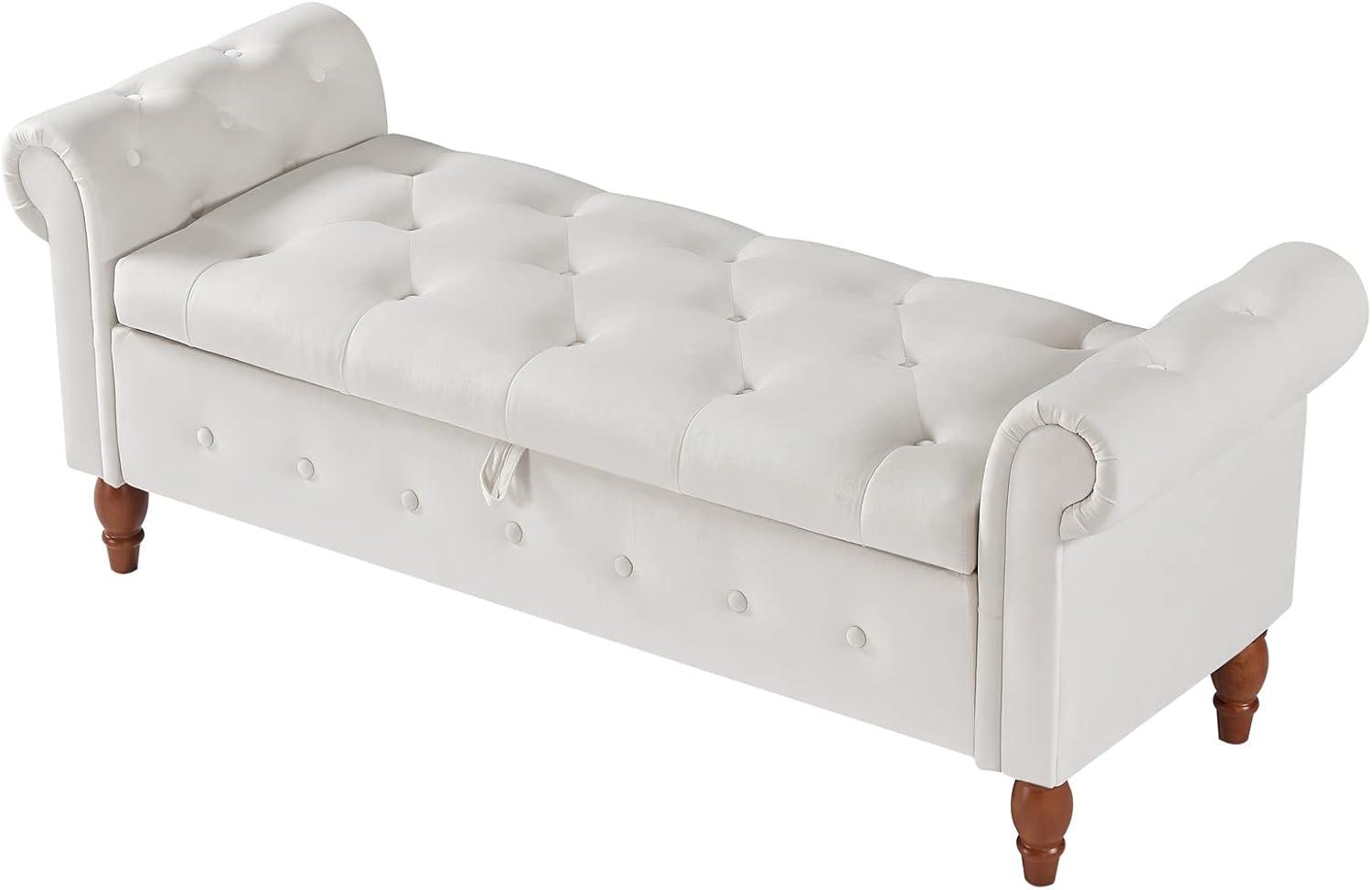 Aoowow 63" Storage Bench for Bedroom End of Bed Rolled Armed Velvet Fabric Ottoman Couch Long Bench Window Sitting Fireplace Toy Storage Bench,Beige
