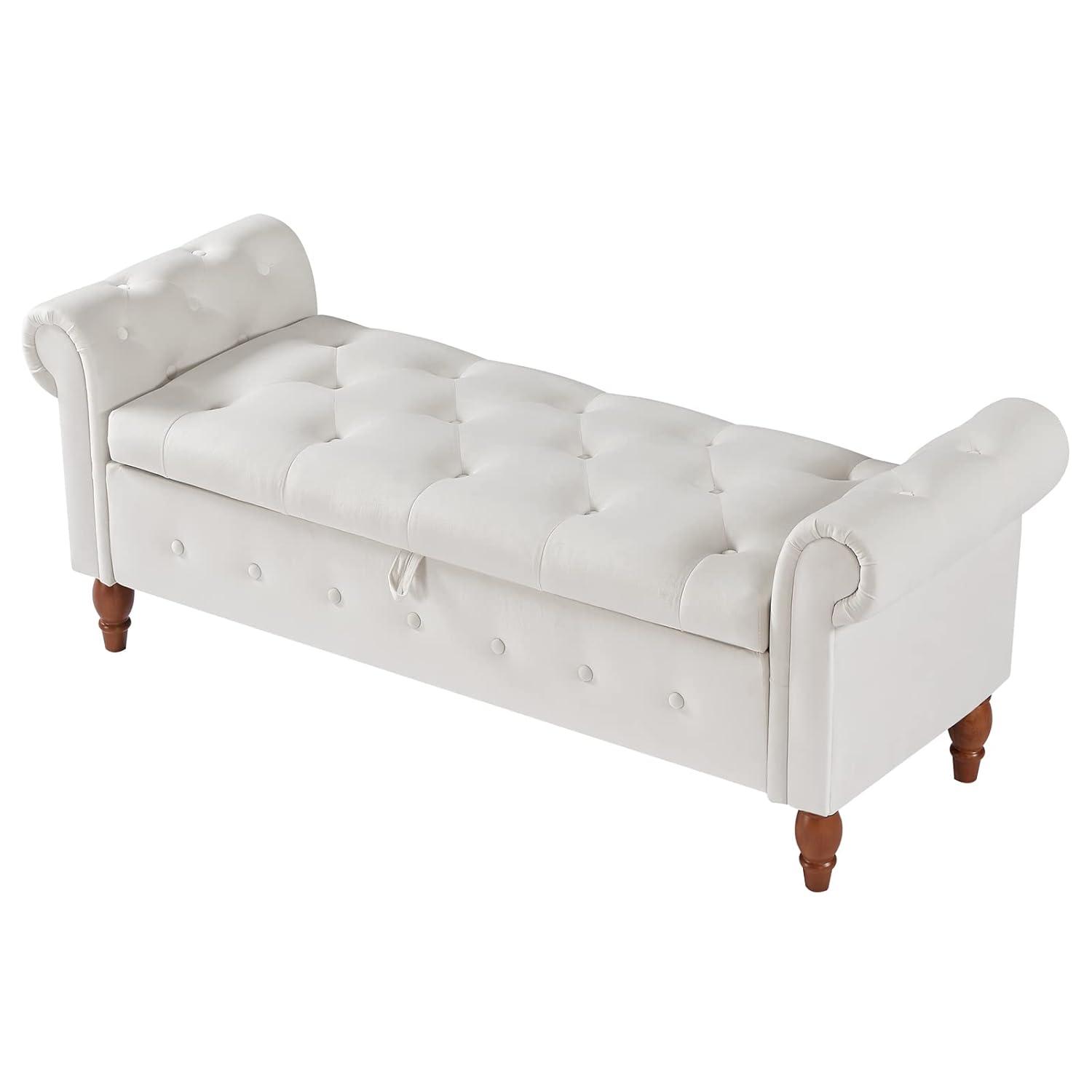 Aoowow 63" Storage Bench for Bedroom End of Bed Rolled Armed Velvet Fabric Ottoman Couch Long Bench Window Sitting Fireplace Toy Storage Bench,Beige