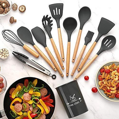 VIVAYO Silicone Cooking Utensil Kitchen Utensils Set, 12 Pieces Silicone Kitchen Utensil Wooden Handles, Kitchen Spatula Sets with Holder Spoon Turner Tongs, Gray