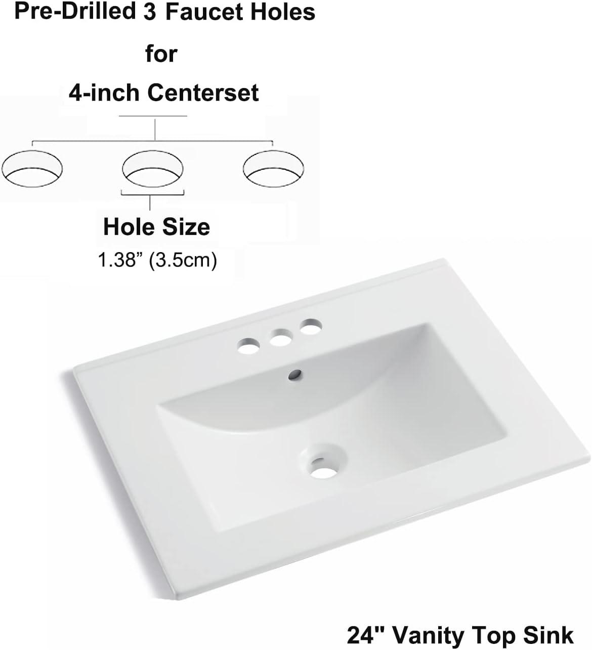 MEJE 24x18 inch Drop In Rectanglar 3 Holes Bathroom Sink, Vanity Top Only, White Glossy Finish