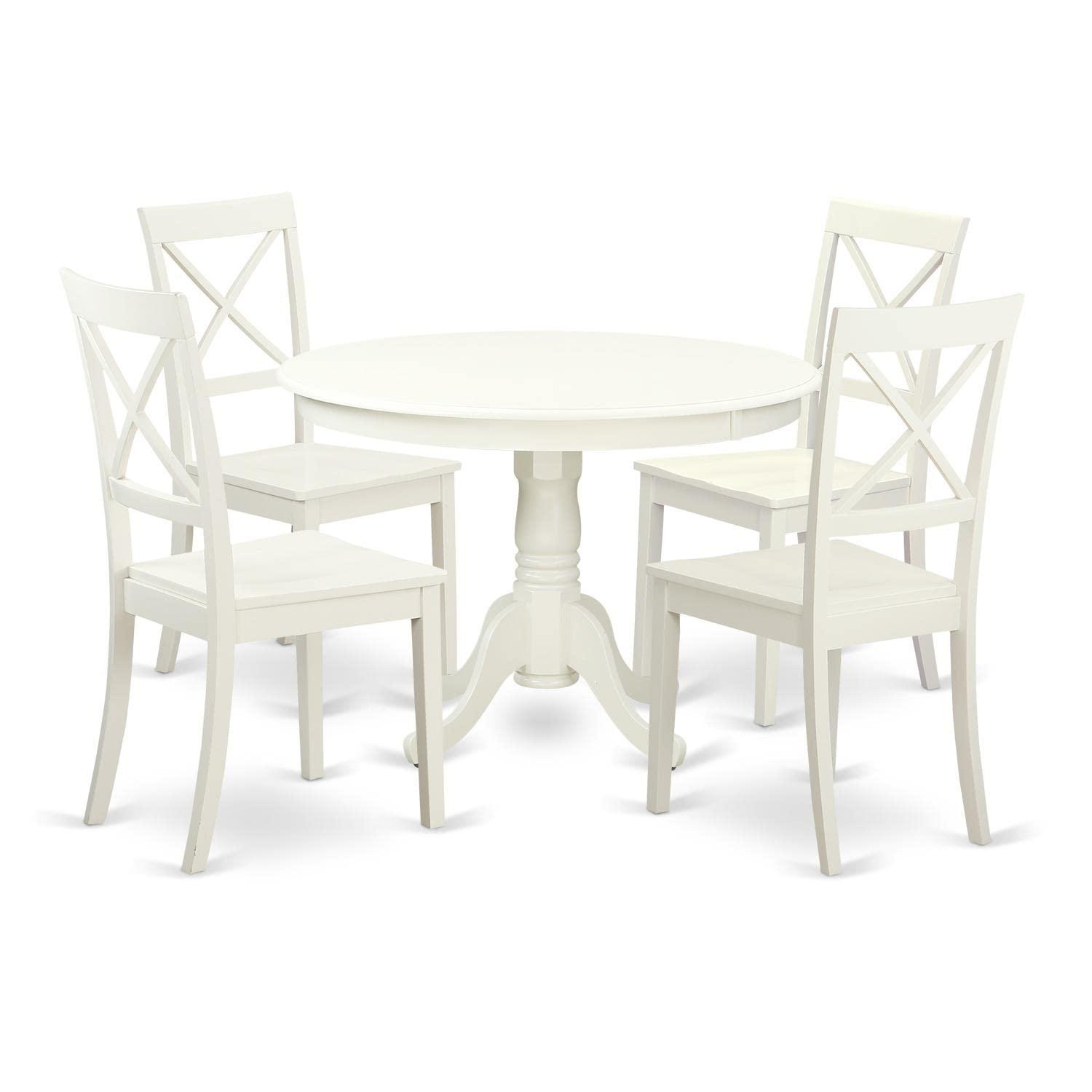 Linen White Round Wood Dining Table Set with 4 High Back Chairs