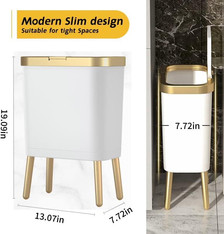 LIKOBI Trash Can with Lid,Bathroom Trash Can with Gold Edge,Slim Plastic Trash Bin for Bedroom,4 Gallon