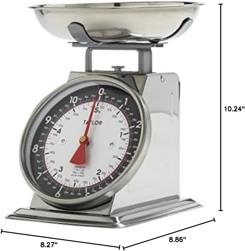 Taylor Modern Mechanical Kitchen Weighing Food Scale Weighs up to 11lbs, Measures in Grams and Ounces, Black and Silver