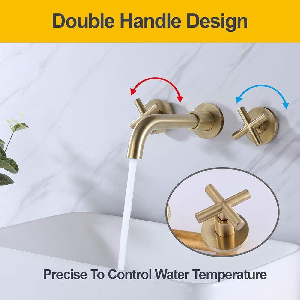 Brushed Gold Wall Mounted Bathroom Faucet with Dual Cross Handles