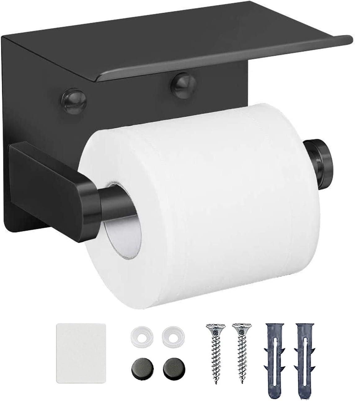 Black Matte Stainless Steel Toilet Paper Holder with Phone Shelf