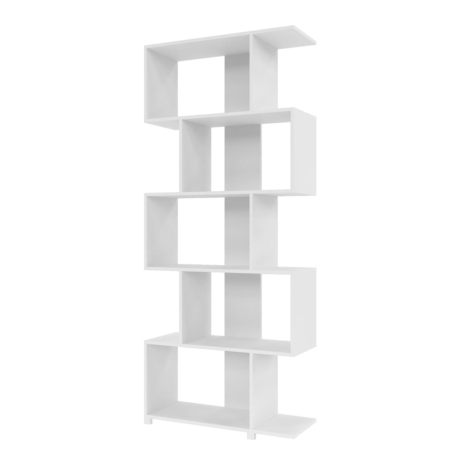 Manhattan Comfort Petrolina Bookshelf with 5 Zig-Zag Cubbies & Open Shelves, Unique Mid Century Modern Bookcase, Ideal for Living Room, Office, Bedroom, Display Ornaments, Trophies, Photos, White