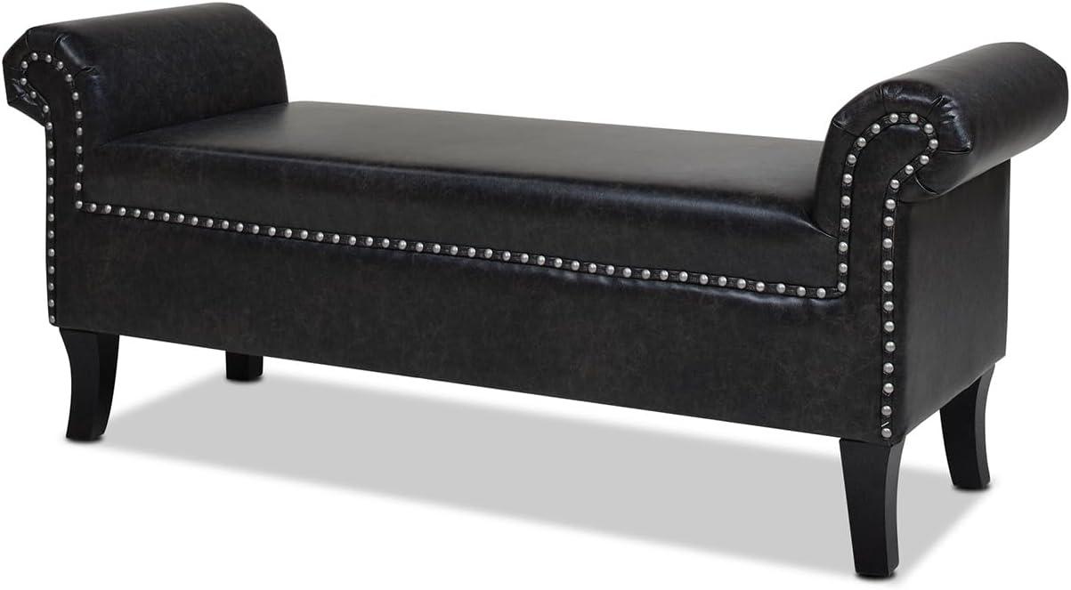Kathy Roll Arm Entryway Accent Bench Vintage Black Brown Faux Leather
