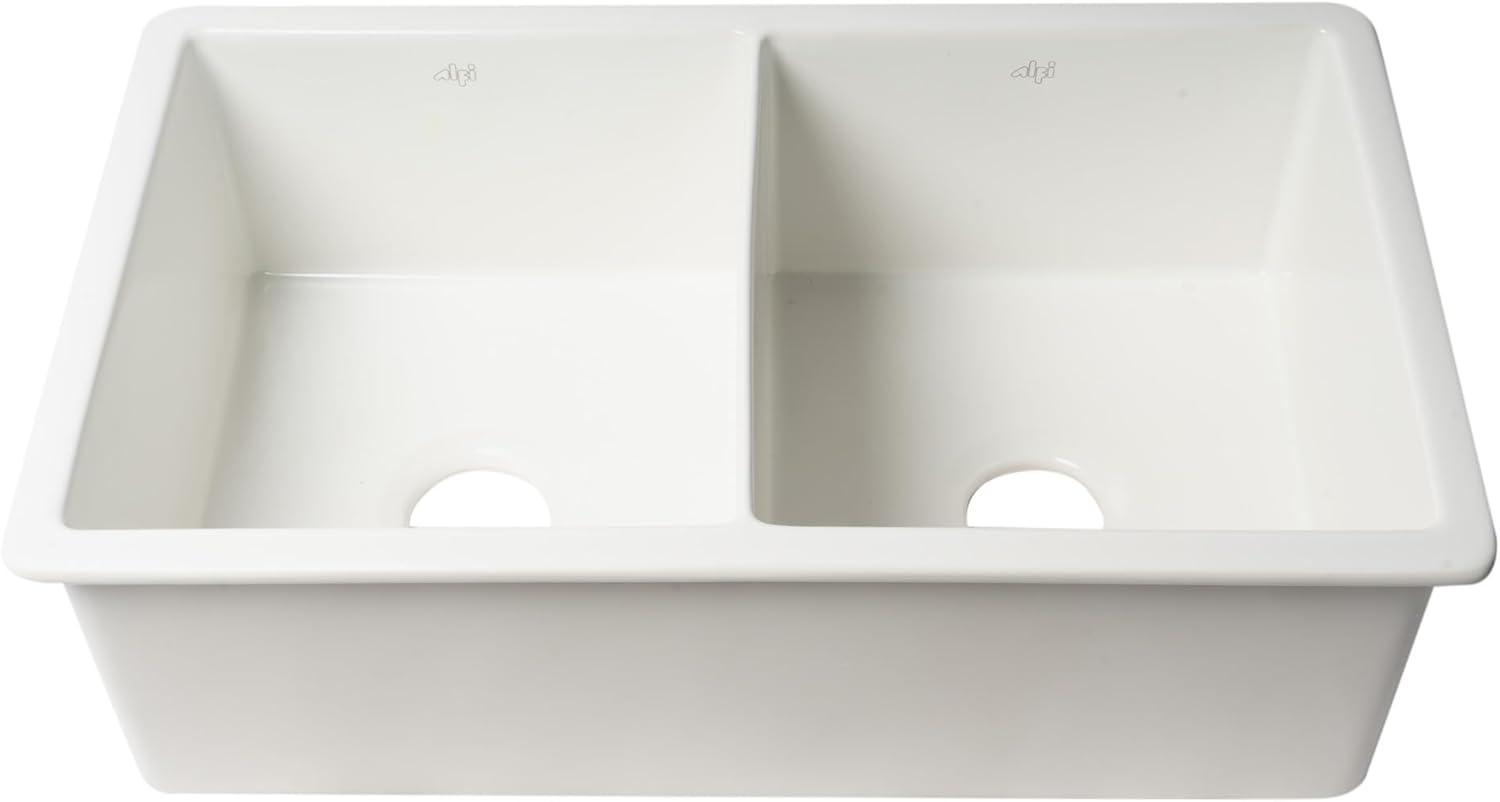 ABF3219DUD-W White 32" x 19" Double Bowl Fireclay Undermount / Drop In Kitchen Sink