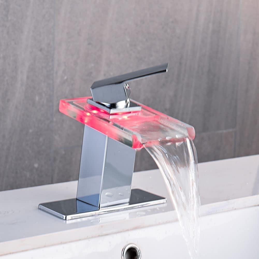 Chrome LED Waterfall Bathroom Sink Faucet with Glass Spout