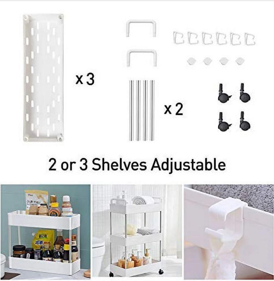 Slim White Plastic 4-Tier Mobile Storage Cart with Adjustable Shelves