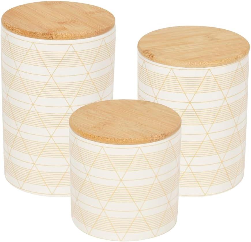 Home Basics 3 Piece Ceramic Canister Set with Bamboo Lids, Diamond White