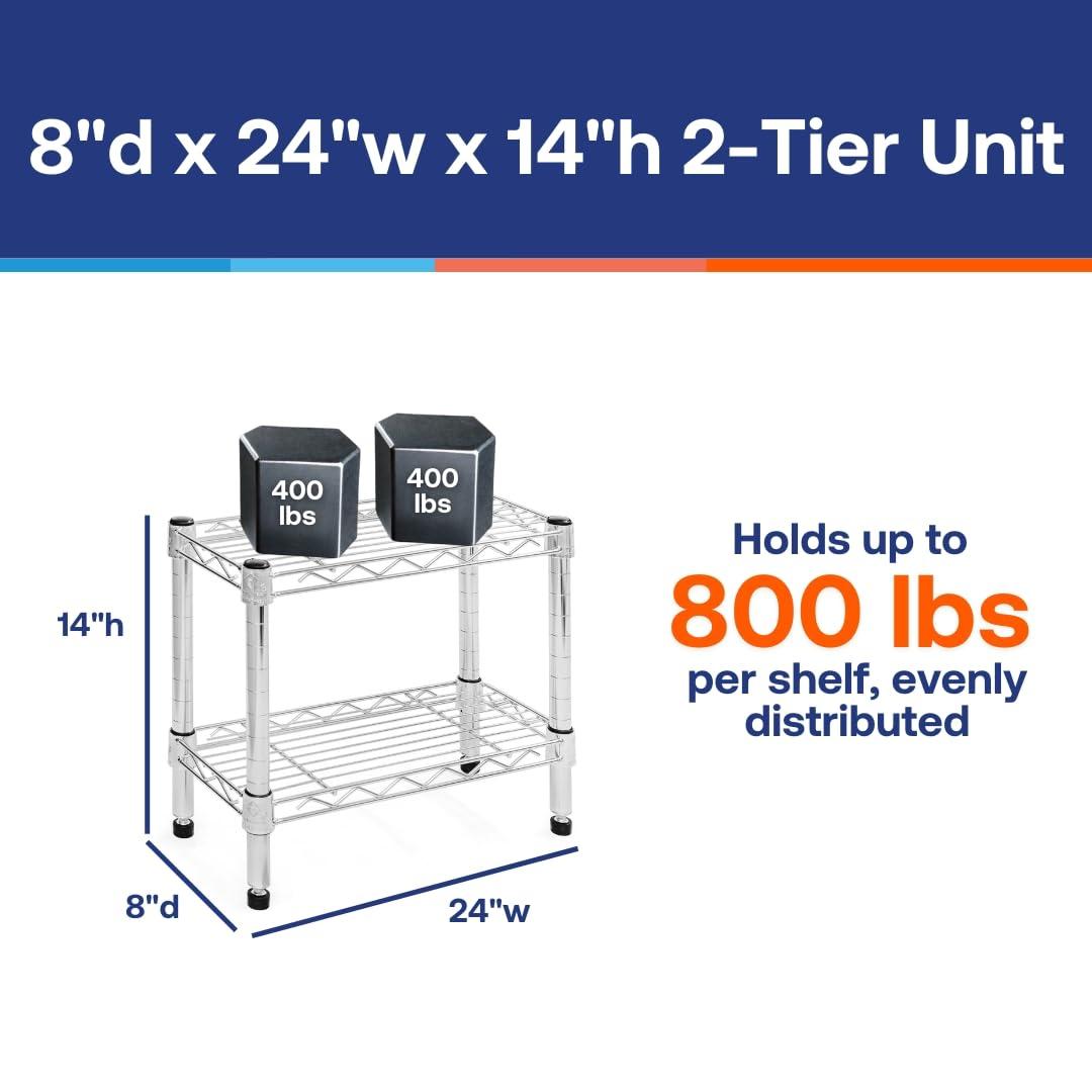 Shelving.com Chrome Wire Shelving with 2 Tier Shelves - 8"d x 24"w x 14"h