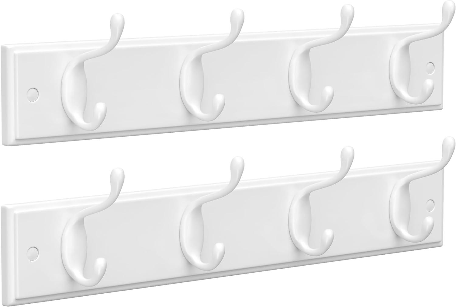 White Wall-Mounted Coat Rack with Dual Metal Hooks, Set of 2